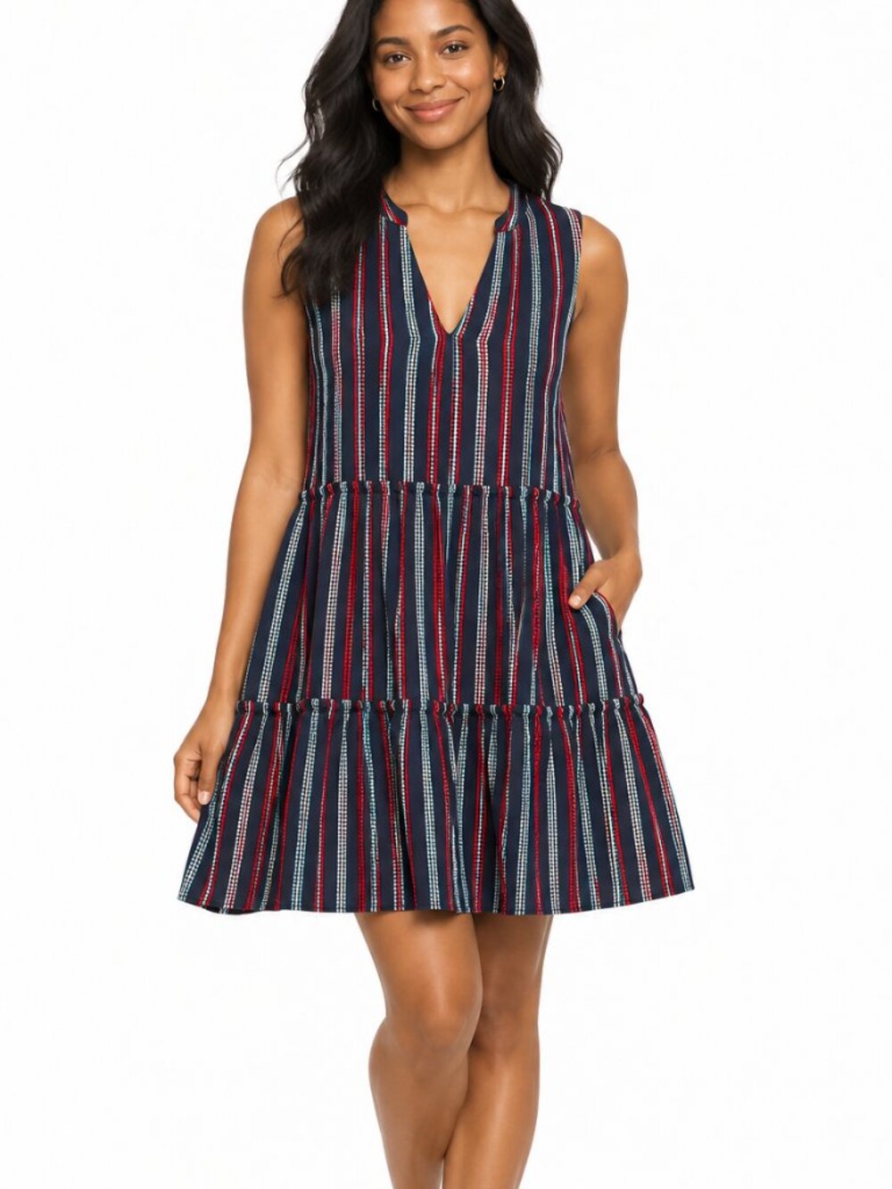 Michael Stars XS Striped Tiered Mini Dress Sleeveless V-Neck Blue Red Knit